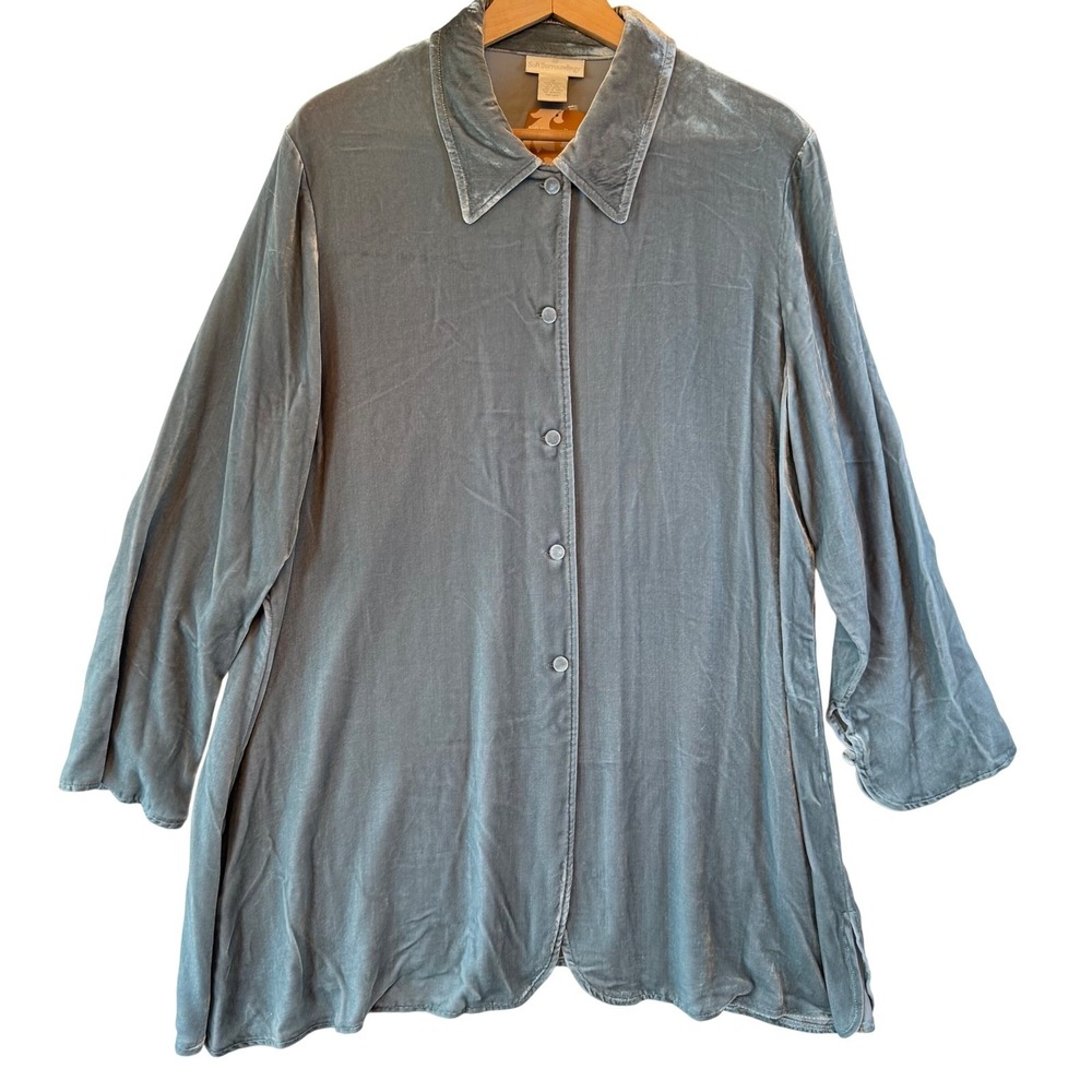 Soft Surroundings Silk Blend Velvet Tunic Top 1X Dusty Blue Button Front